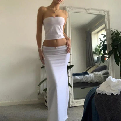 Chic Women Chest Wrap Tube Tops + Low Rise Long Skirt Summer Strapless Camis Crop Tops Y2K Fairycore Vintage 2 Piece