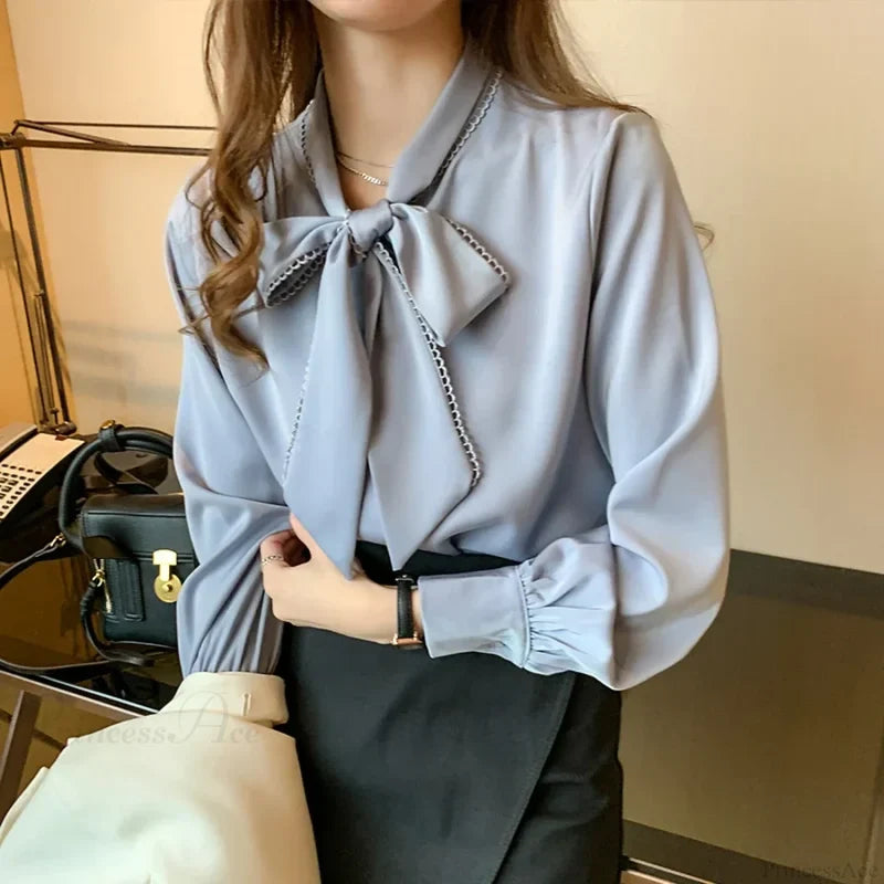 Chiffon Bow Long Sleeve Office Blouse blouse-250126