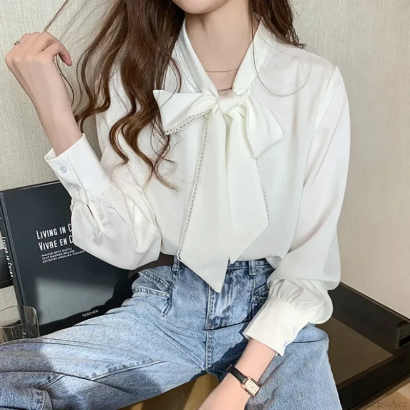 Chiffon Bow Long Sleeve Office Blouse WHITE / S blouse-250126