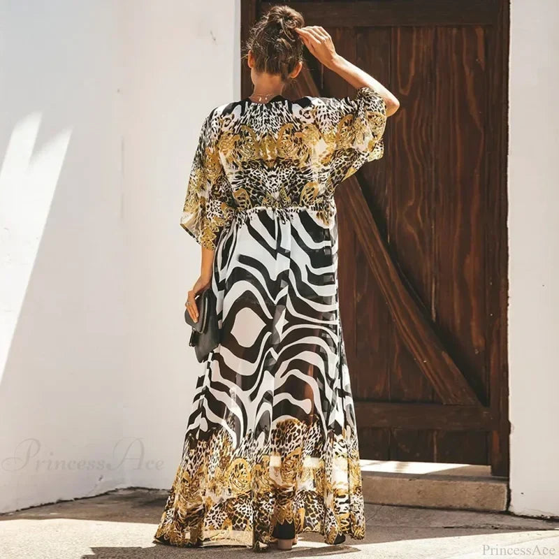 Chiffon Leopard Print Kimono Boho Beach Cover up bohocoverup-250126