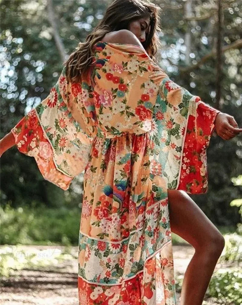 Chiffon Leopard Print Kimono Boho Beach Cover up Red / One Size bohocoverup-250126