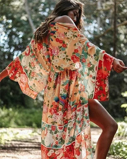 Chiffon Leopard Print Kimono Boho Beach Cover up Red / One Size bohocoverup-250126