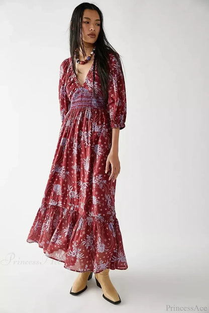Chiffon Long Sleeve Holiday Floral Boho Dress Burgundy / S bohodress-250126