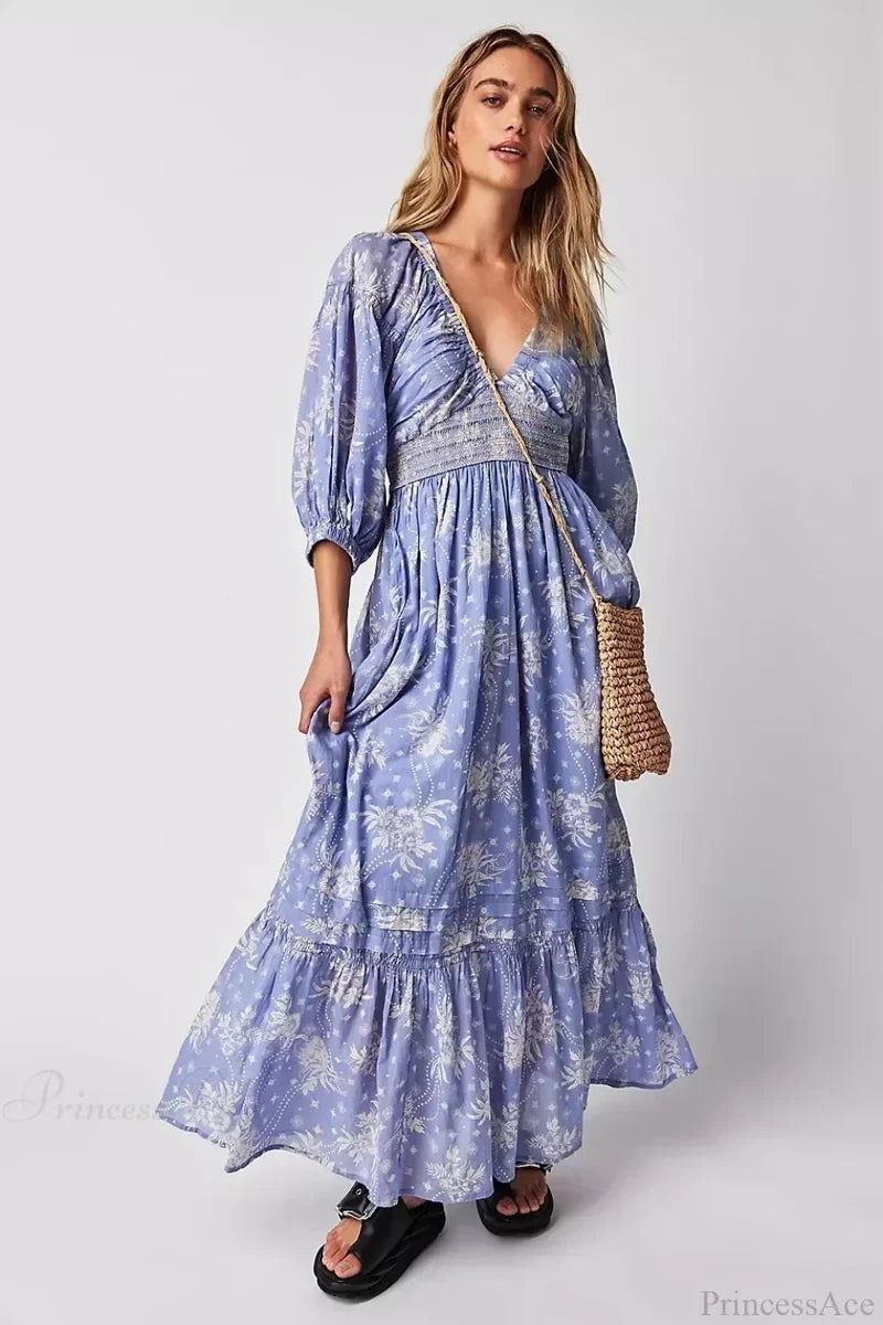Chiffon Long Sleeve Holiday Floral Boho Dress bohodress-250126