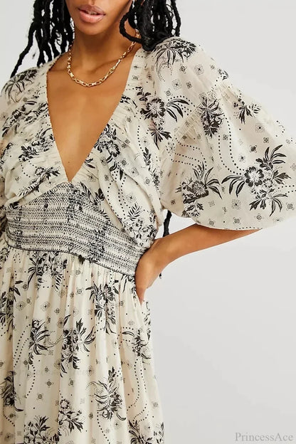 Chiffon Long Sleeve Holiday Floral Boho Dress White / S bohodress-250126