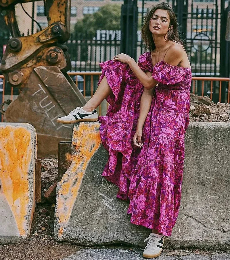Chiffon Maxi Dress Floral Print Puff Sleeve bohodress-250126