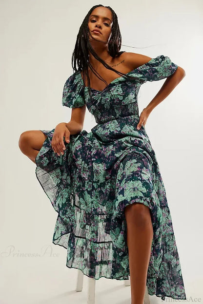 Chiffon Maxi Dress Floral Print Puff Sleeve Navy Blue / S bohodress-250126