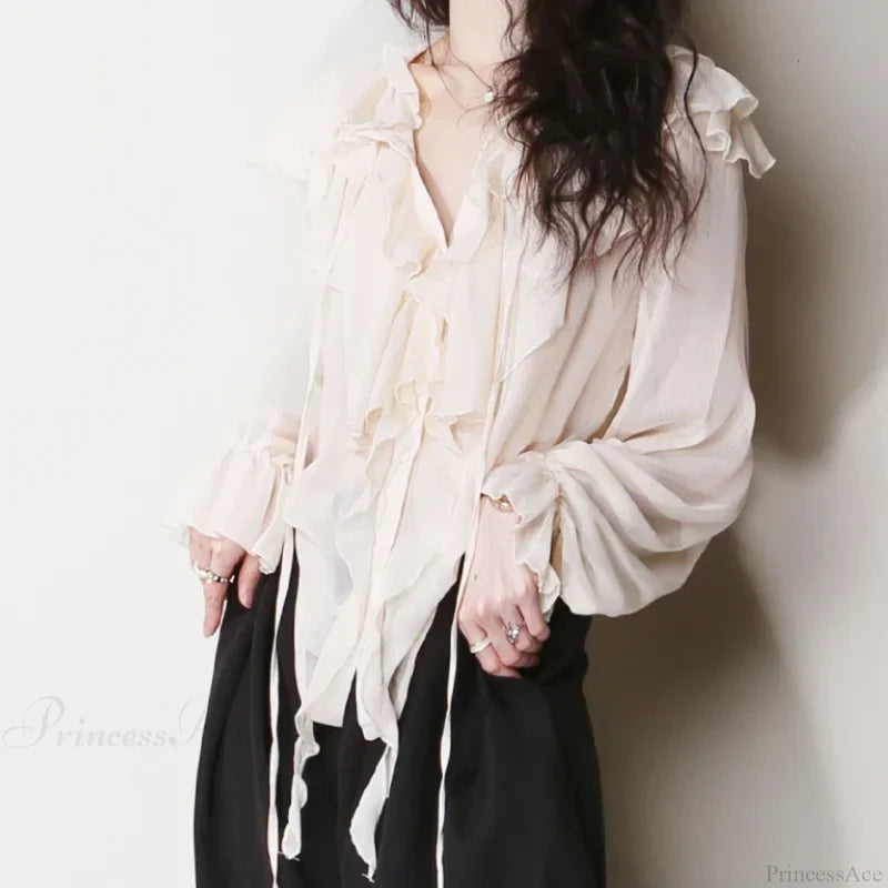 Chiffon Ruffles Bow Tie Long Sleeve Boho Blouse bohoblouse-250126