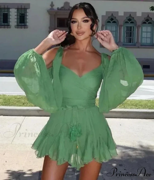 Chiffon Slit Long Sleeve Graceful Lace Up Mini Dress Dresses