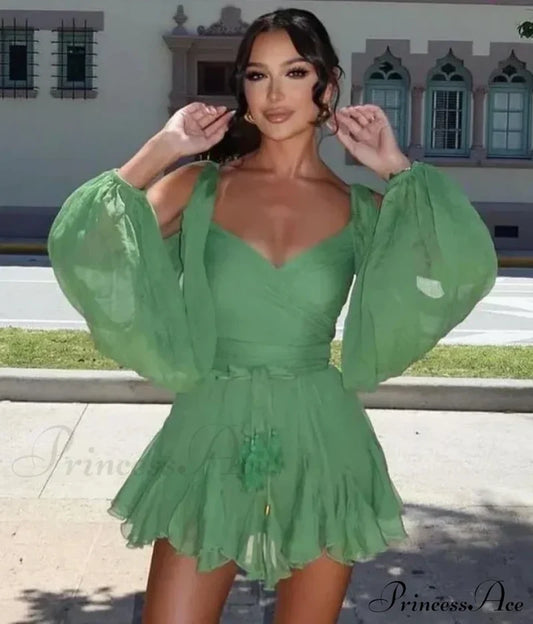 Chiffon Slit Long Sleeve Graceful Lace Up Mini Dress Dresses