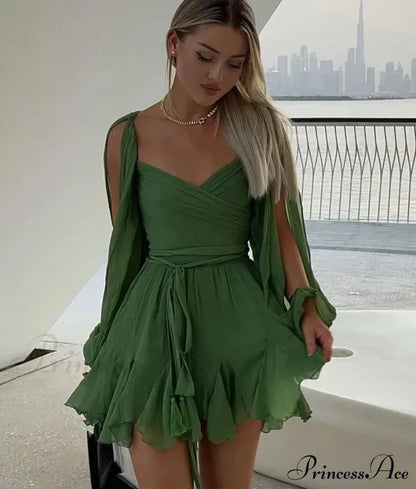 Chiffon Slit Long Sleeve Graceful Lace Up Mini Dress Dresses
