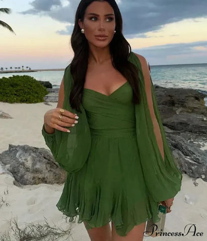 Chiffon Slit Long Sleeve Graceful Lace Up Mini Dress Dresses