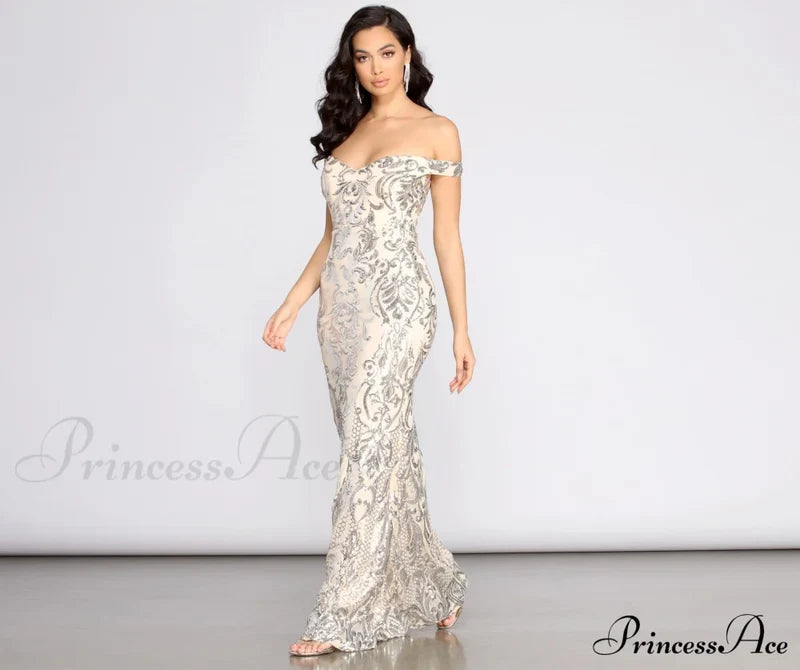 Clara Sequin Stylish Off Shoulder Dress S.o. Long Dresses