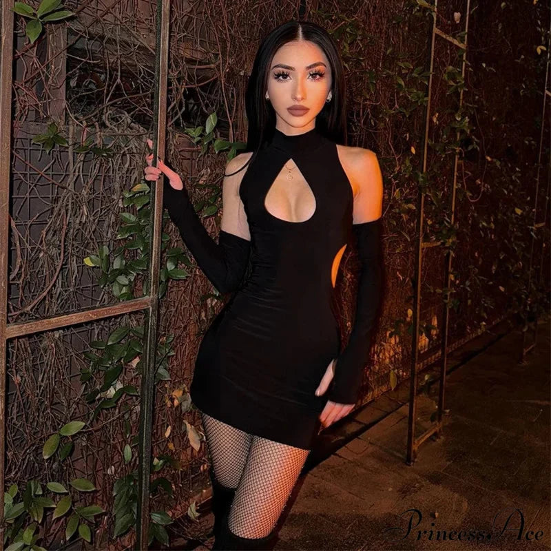 Color Front Chest Water Drop Hollowed Out Half Height Leader Suit With Finger Cuffs Tight Cut Dress