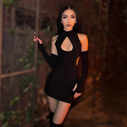 Color Front Chest Water Drop Hollowed Out Half Height Leader Suit With Finger Cuffs Tight Cut Dress