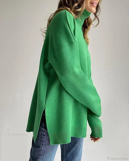 Colorblock Turtleneck Thick Sweater Green / S