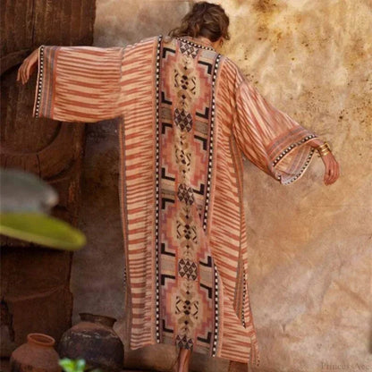 Cotton Ethnic Print Kimono Cardigan Boho Beach Cover up Orange / One Size bohocoverup-250126