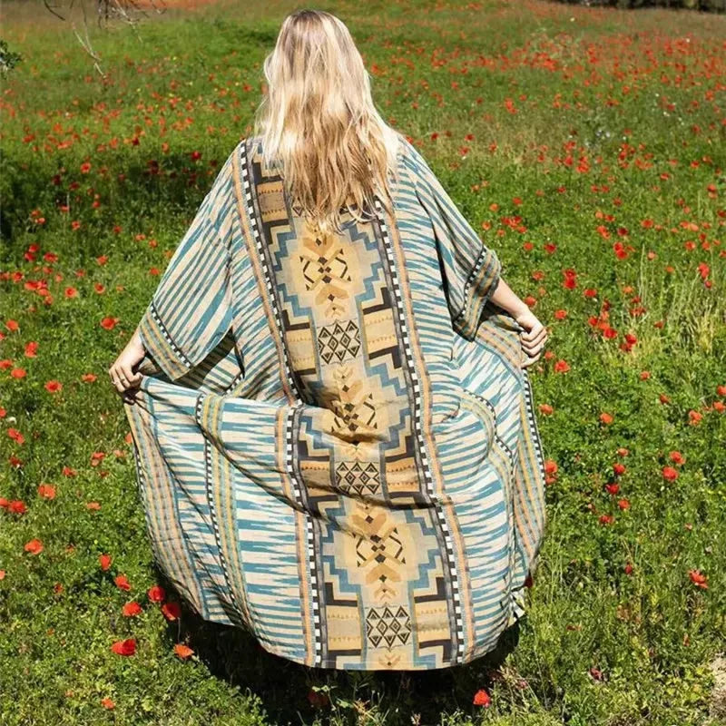 Cotton Ethnic Print Kimono Cardigan Boho Beach Cover up Blue / One Size bohocoverup-250126