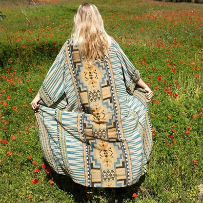 Cotton Ethnic Print Kimono Cardigan Boho Beach Cover up Blue / One Size bohocoverup-250126