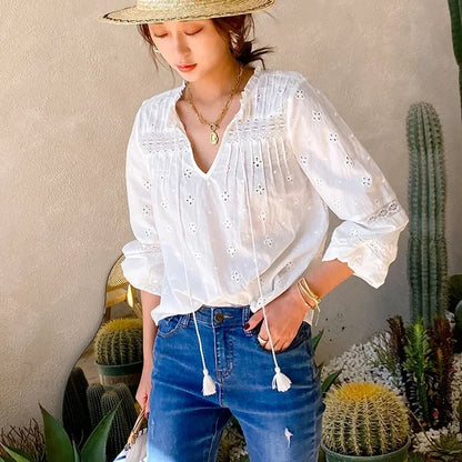 Cotton Floral Embroidery White Lace V-Neck Boho Blouse bohoblouse-250126