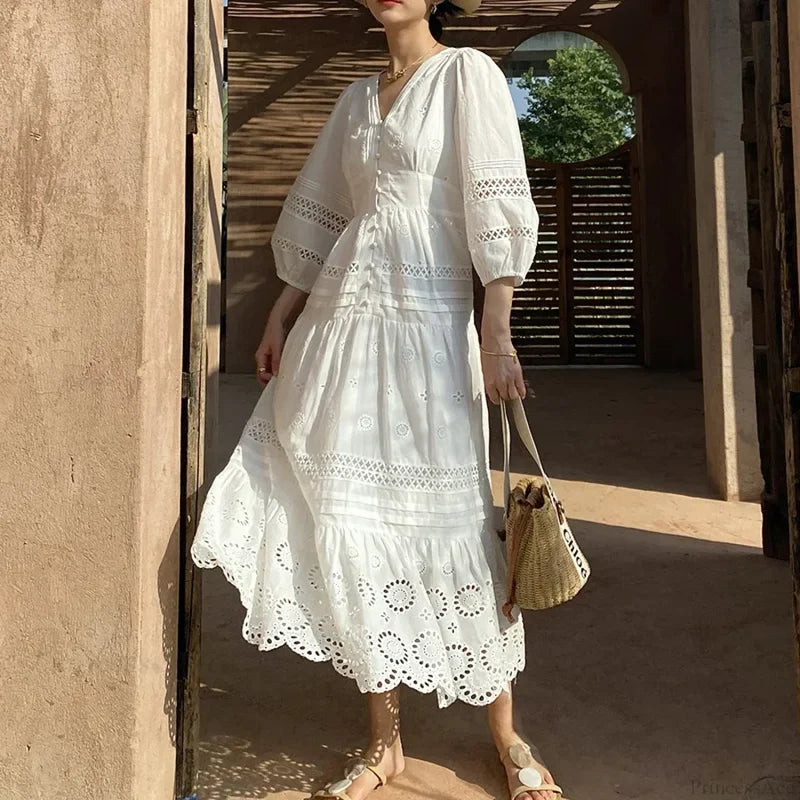 Cotton Floral V-neck Slim Summer Boho Dress bohodress-250126