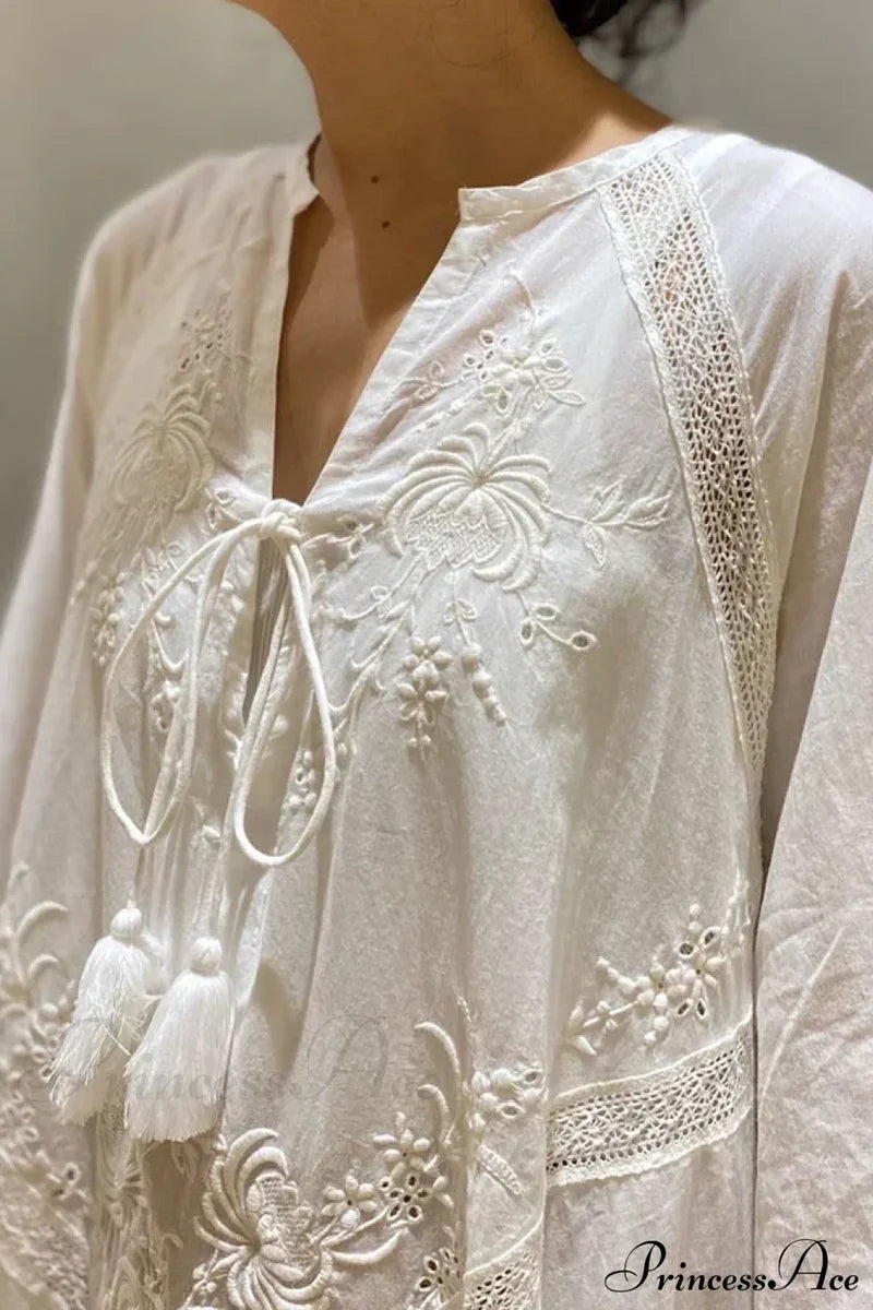 Cotton Linen Beach White V Neck Embroidered Boho Dress