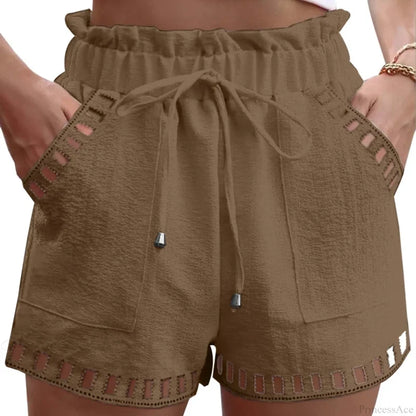 Cotton Linen HolLow-Out Beach Short Brown / S short-250223