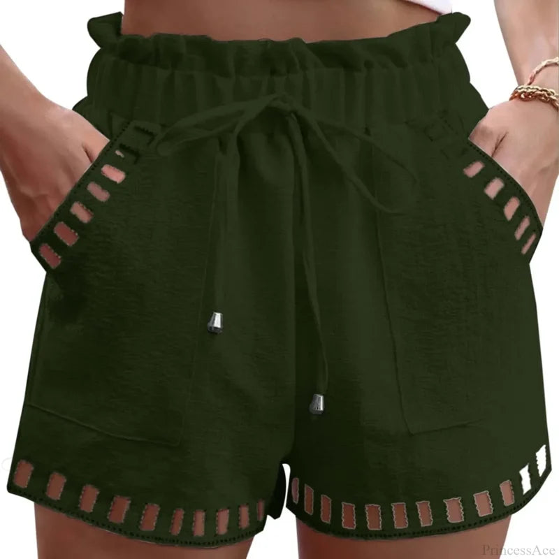 Cotton Linen HolLow-Out Beach Short dgreen / S short-250223