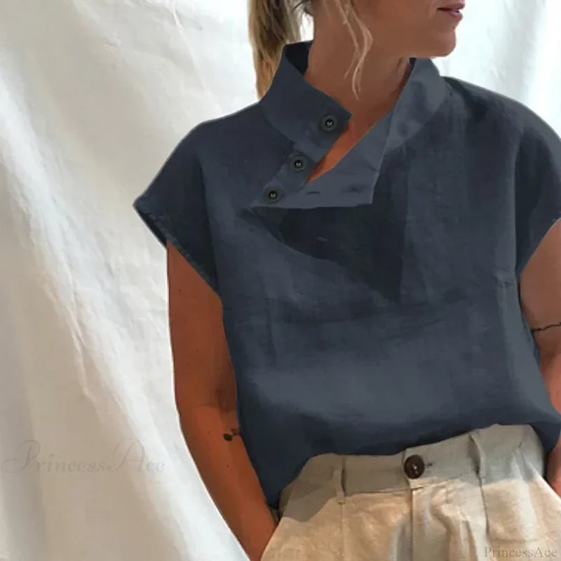 Cotton Loose White Blouse Summer Blouse Navy Blue / S blouse-250126