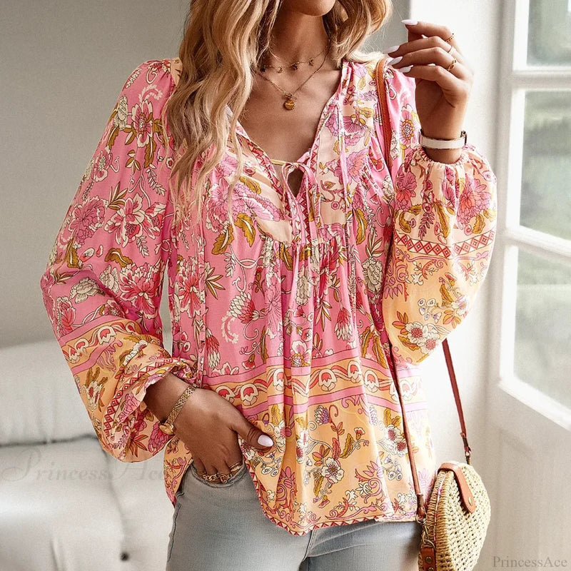 Cotton Rayon Floral Printed Long Sleeve Beach Boho Blouse Pink / S bohoblouse-250126