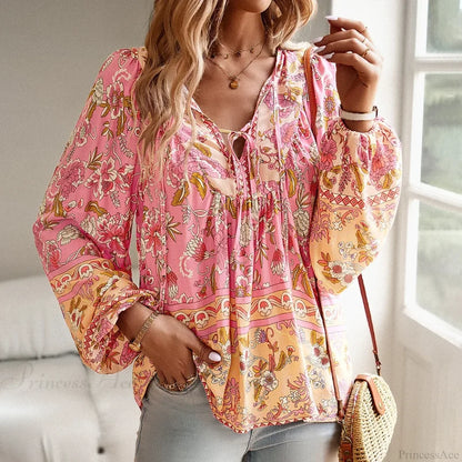 Cotton Rayon Floral Printed Long Sleeve Beach Boho Blouse Pink / S bohoblouse-250126