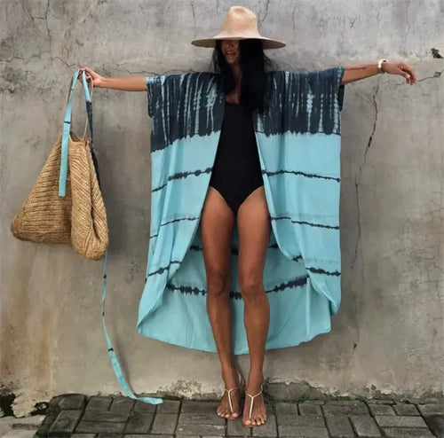 Cotton Rayon Striped Print Cardigan Boho Beach Cover up Blue Grey1 / One Size bohocoverup-250126