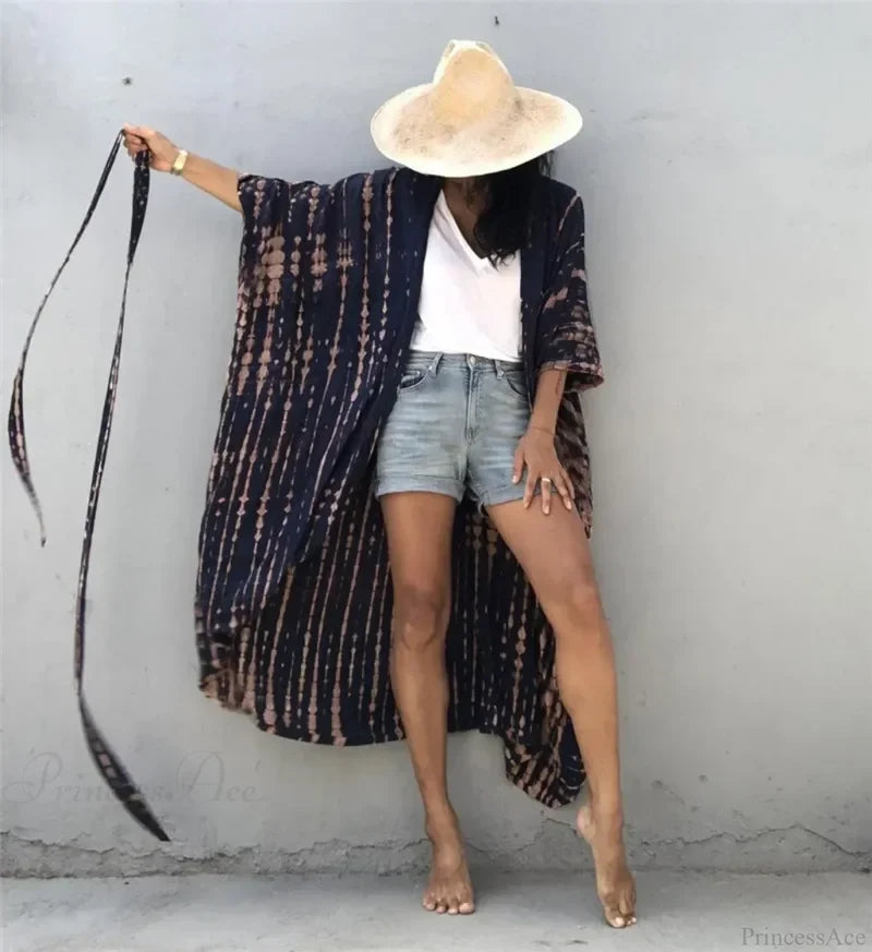 Cotton Rayon Striped Print Cardigan Boho Beach Cover up Khaki / One Size bohocoverup-250126