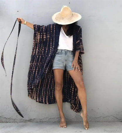 Cotton Rayon Striped Print Cardigan Boho Beach Cover up Khaki / One Size bohocoverup-250126