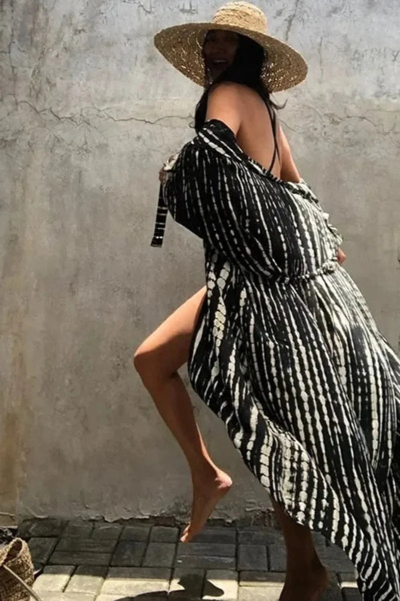 Cotton Rayon Tie-Dye Stripes Boho Kimono Cover up Black-White / One Size bohocoverup-250126