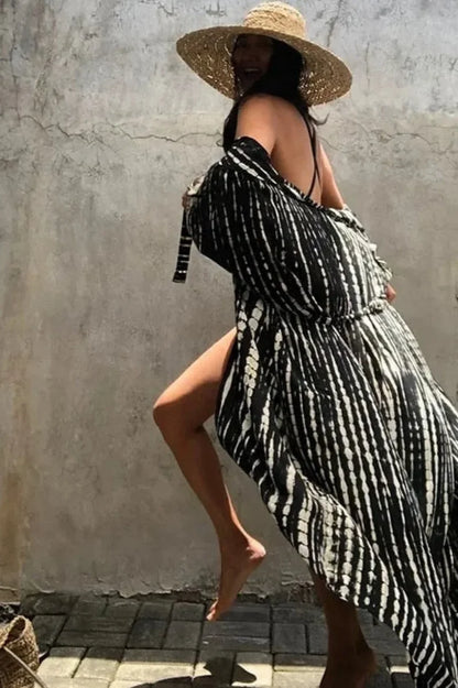 Cotton Rayon Tie-Dye Stripes Boho Kimono Cover up Black-White / One Size bohocoverup-250126