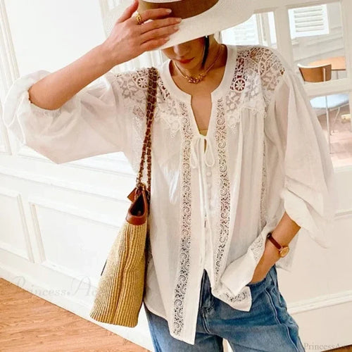 Cotton White Lace Lantern Sleeve Oversize Boho Blouse bohoblouse-250126