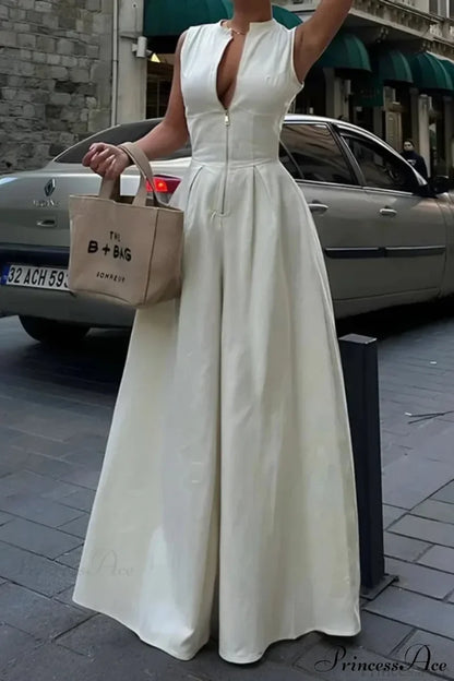 Cotton Zippered Sleeveless Pocket Maxi Dress WHITE / S