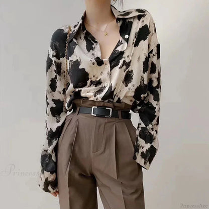Cow Print Button Up Long Sleeve Blouse blouse-250223