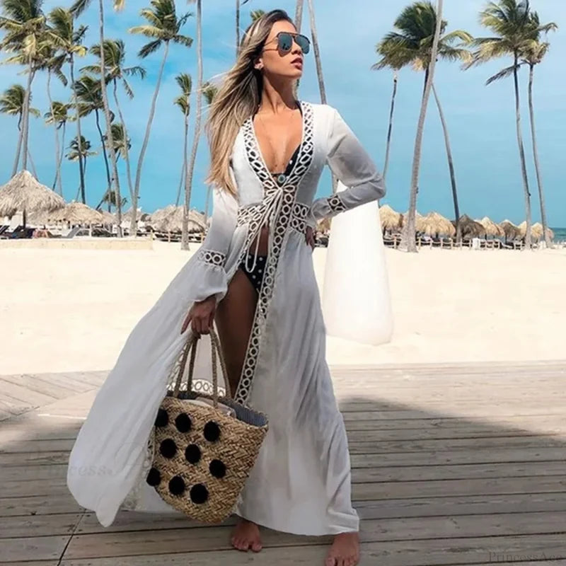 Crochet Kaftan Tunic Summer Beach Cover Up white / One Size