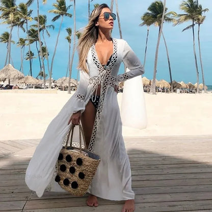 Crochet Kaftan Tunic Summer Beach Cover Up white / One Size