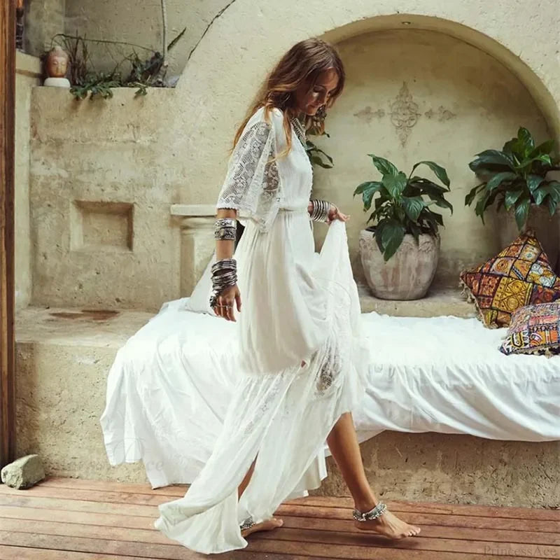 Crochet Kaftan Tunic Summer Beach Cover Up white3 / One Size