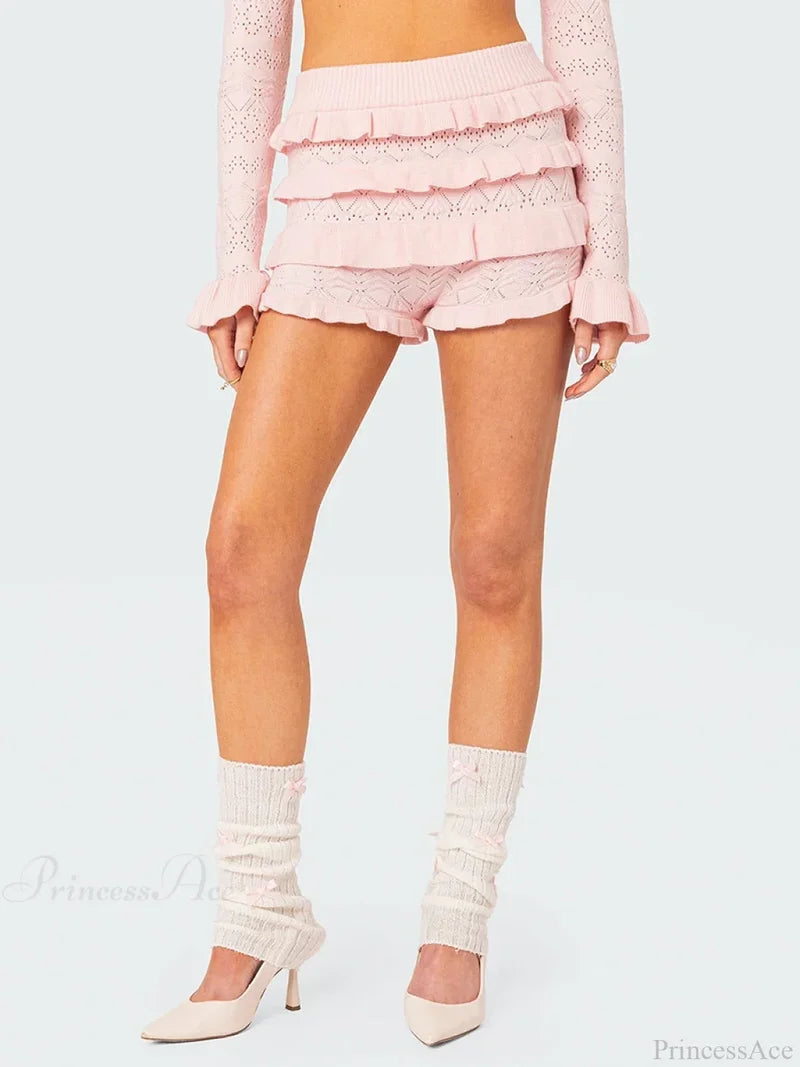 Crochet Ruffle HolLow-Out Short Pink / S short-250223