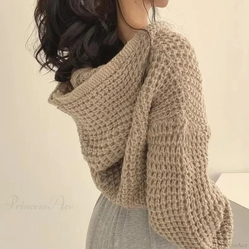 Cropped Hooded Hollow Out Knit Cardigan cardiagn-250126