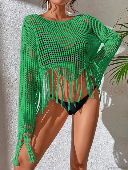 Cropped See Through Tassel Cover Up Green / One Size
