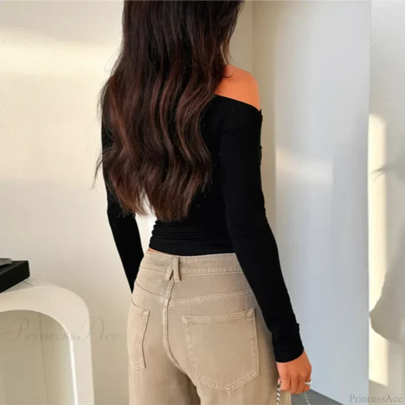 Custom Design Casual Boat Neck Off Shoulder Slim Crop Knit Top knittop-250126