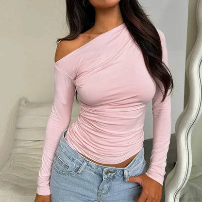 Custom Design Casual Boat Neck Off Shoulder Slim Crop Knit Top Pink / S knittop-250126