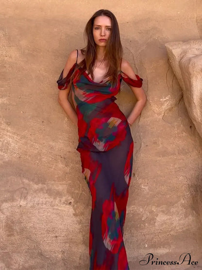 Cut Out Backless Split Maxi Dress Red / S