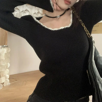 Cute O Neck Long Sleeve Slim Fit Knitted Crop Top knittop-250126