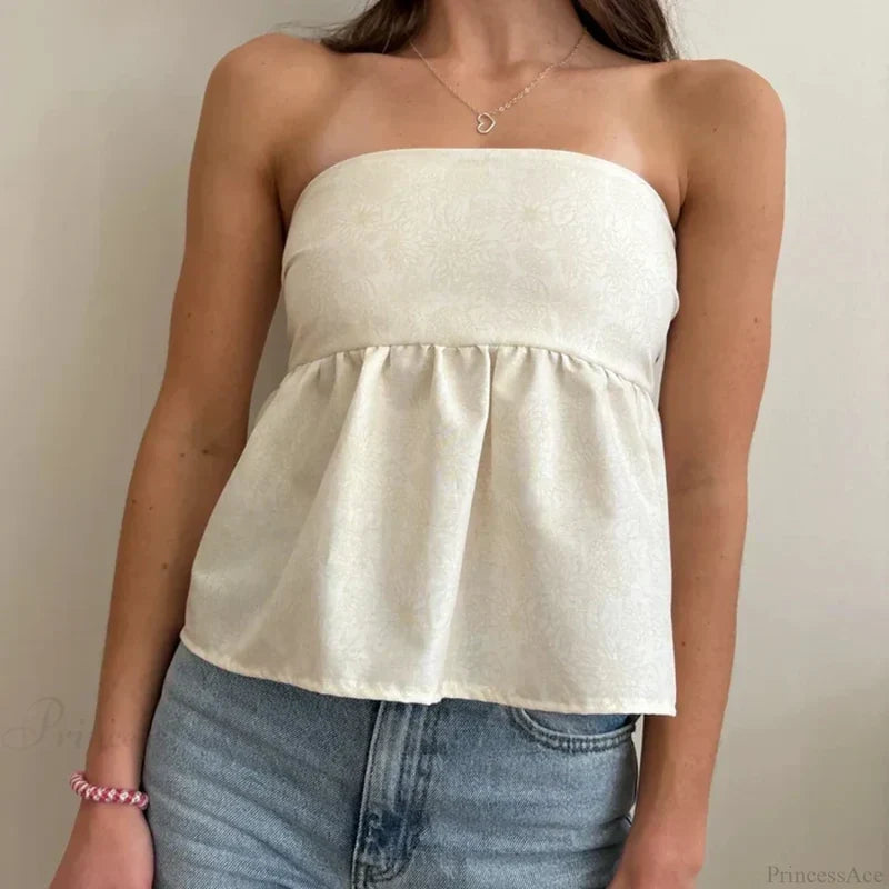 Cute Summer Floral Strapless Bandeau 00s Backless Tie Up Bodydoll Y2K Crop Top WHITE / S croptop-250126